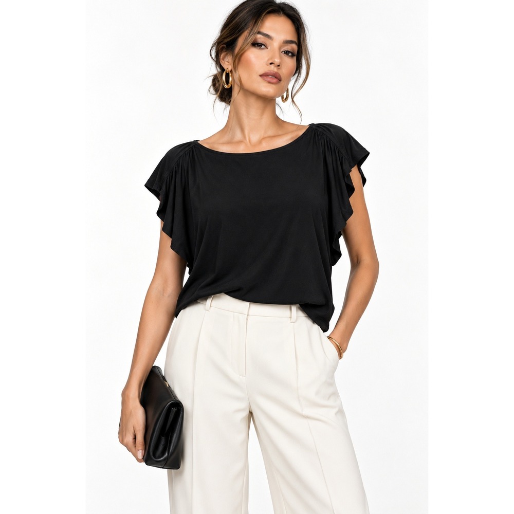 Nine Britton Womens XL Black Flutter Cap Sleeve Boat Neck Top NWT